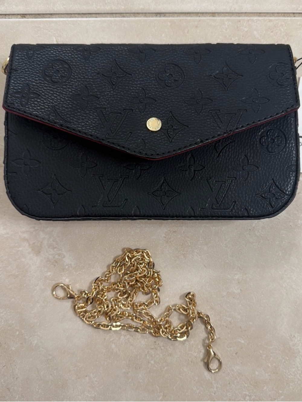 Black Embossed Monogram Crossbody with Gold Chain Strap